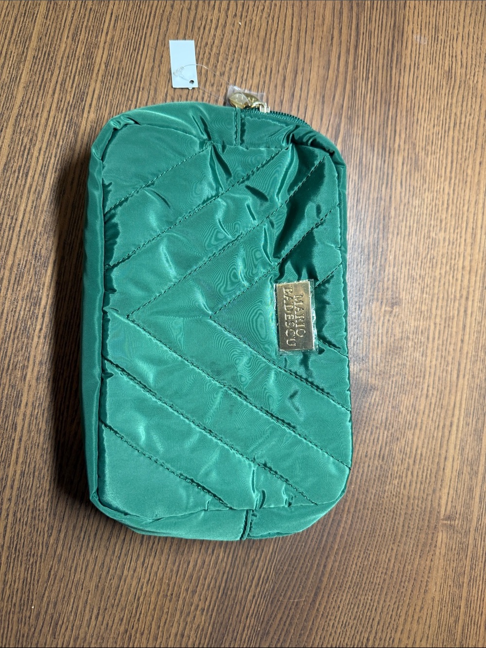 Green Quilted Cosmetic Pouch with Gold Mario Badescu Plaque
